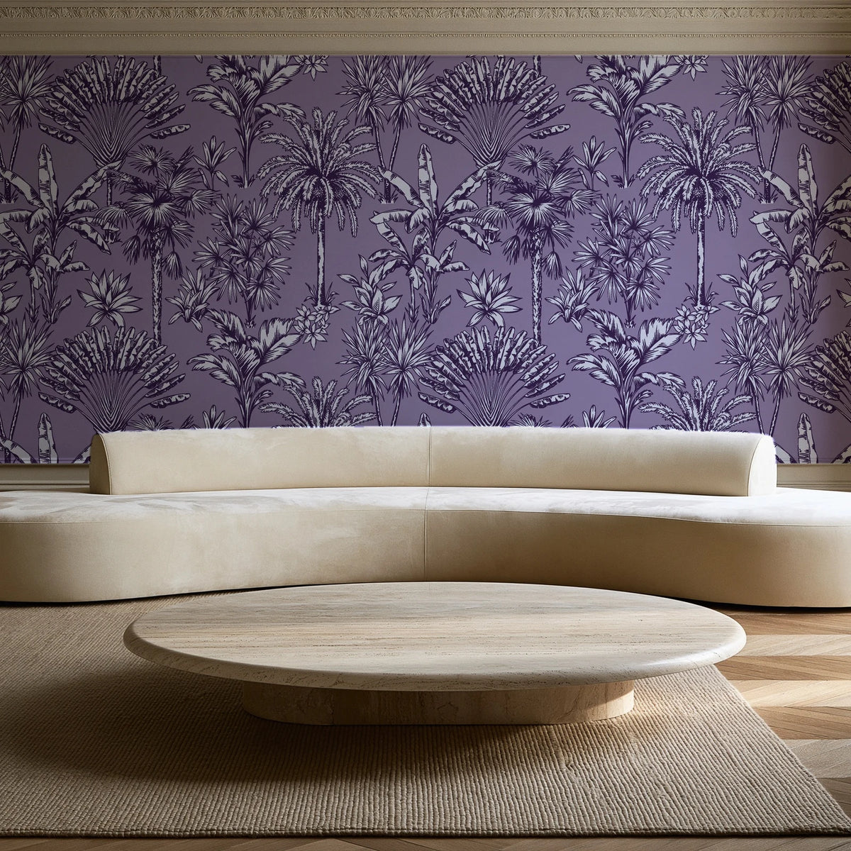 Hush & Palm Plum palm trees wallpaper in an elegant living room