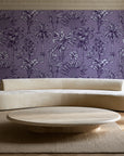 Hush & Palm Plum palm trees wallpaper in an elegant living room