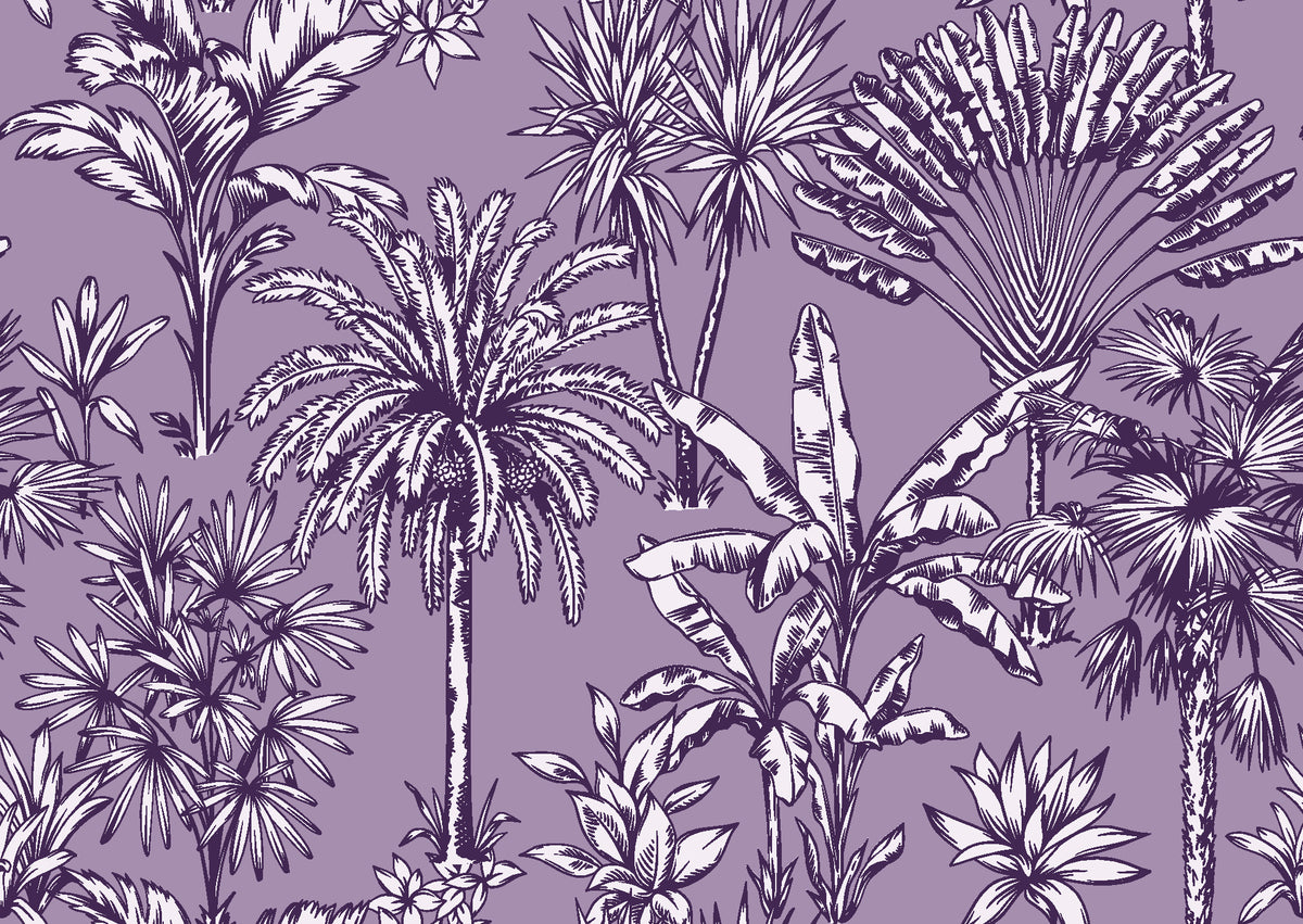 Hush & Palm Plum palm trees wallpaper in plum and lilac