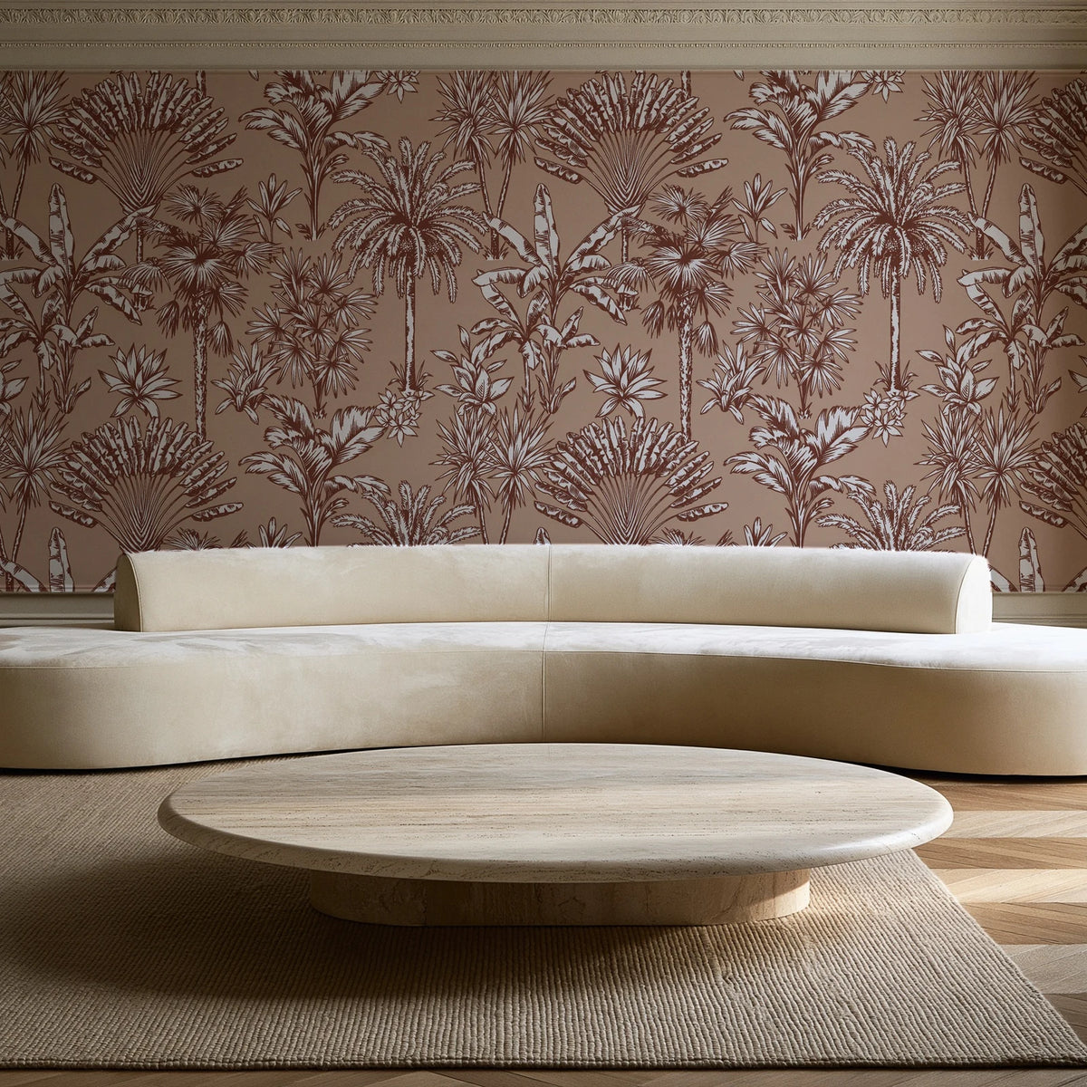 Hush & Palm Terracotta palm trees wallpaper in an elegant living room