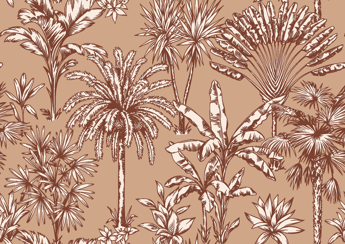 Hush & Palm Terracotta palm trees wallpaper in terracotta and blush