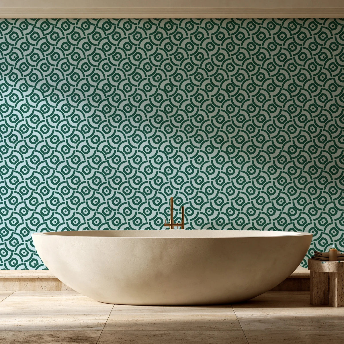 Indigo Labyrinth Emerald geometric wallpaper creating ambiance in a serene spa bathroom