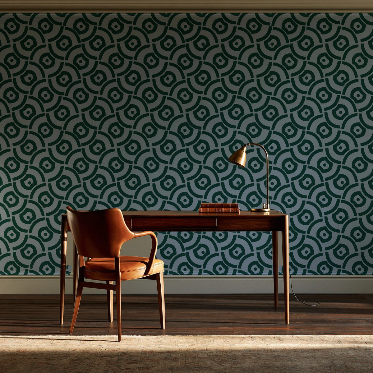 Indigo Labyrinth Emerald geometric wallpaper as a feature wall in a home study