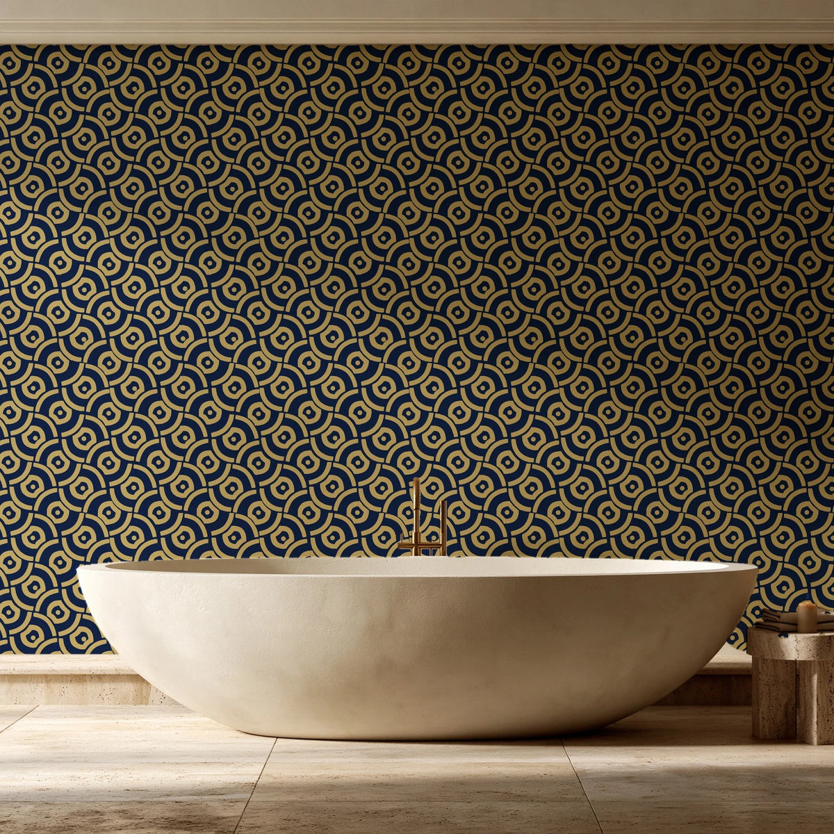 Indigo Labyrinth Midnight Gold geometric wallpaper creating ambiance in a serene spa bathroom