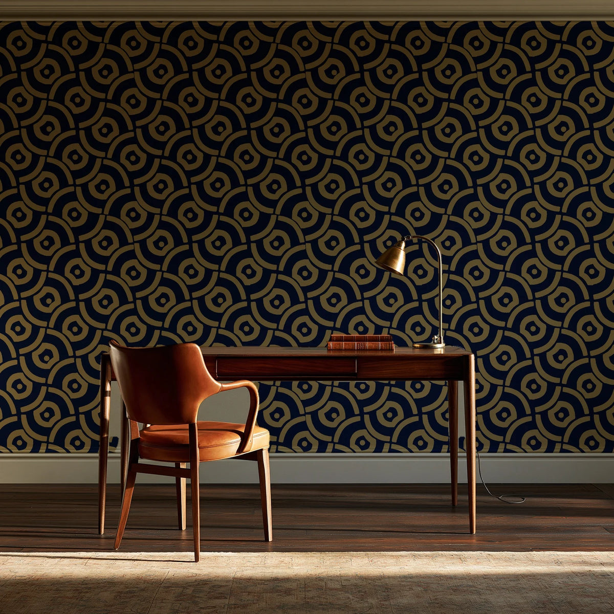 Indigo Labyrinth Midnight Gold geometric wallpaper as a feature wall in a home study