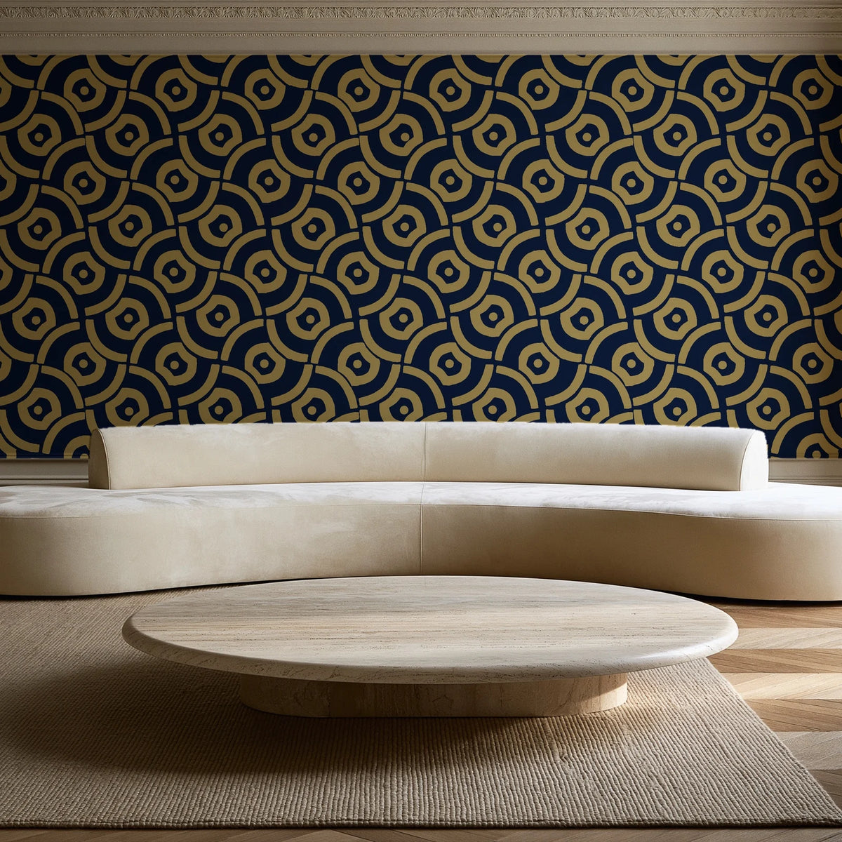 Indigo Labyrinth Midnight Gold geometric wallpaper in an elegant living room