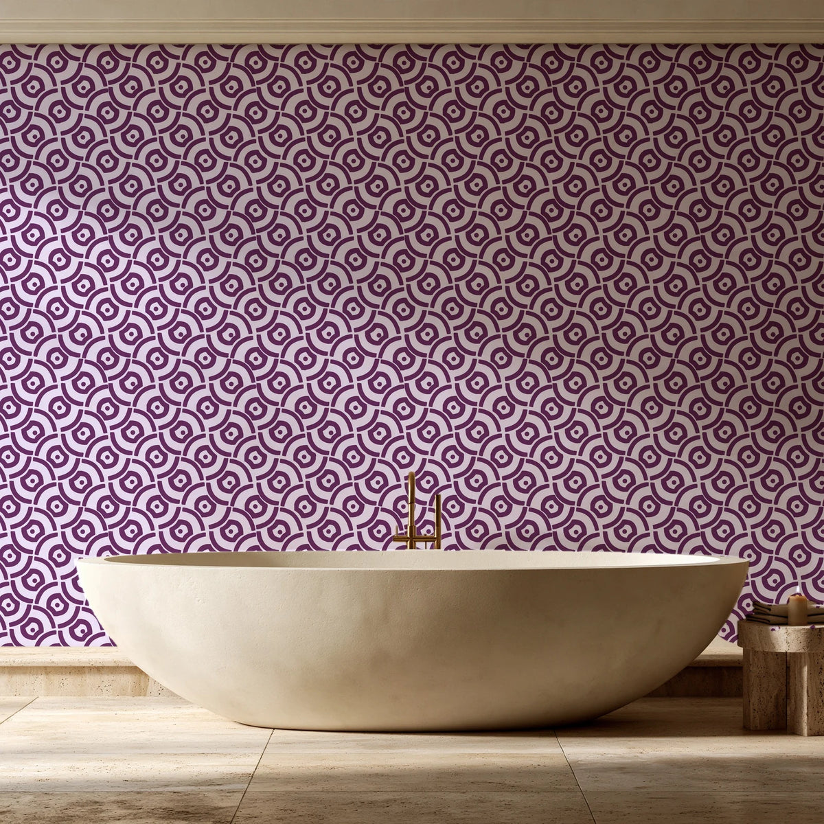 Indigo Labyrinth Plum geometric wallpaper creating ambiance in a serene spa bathroom