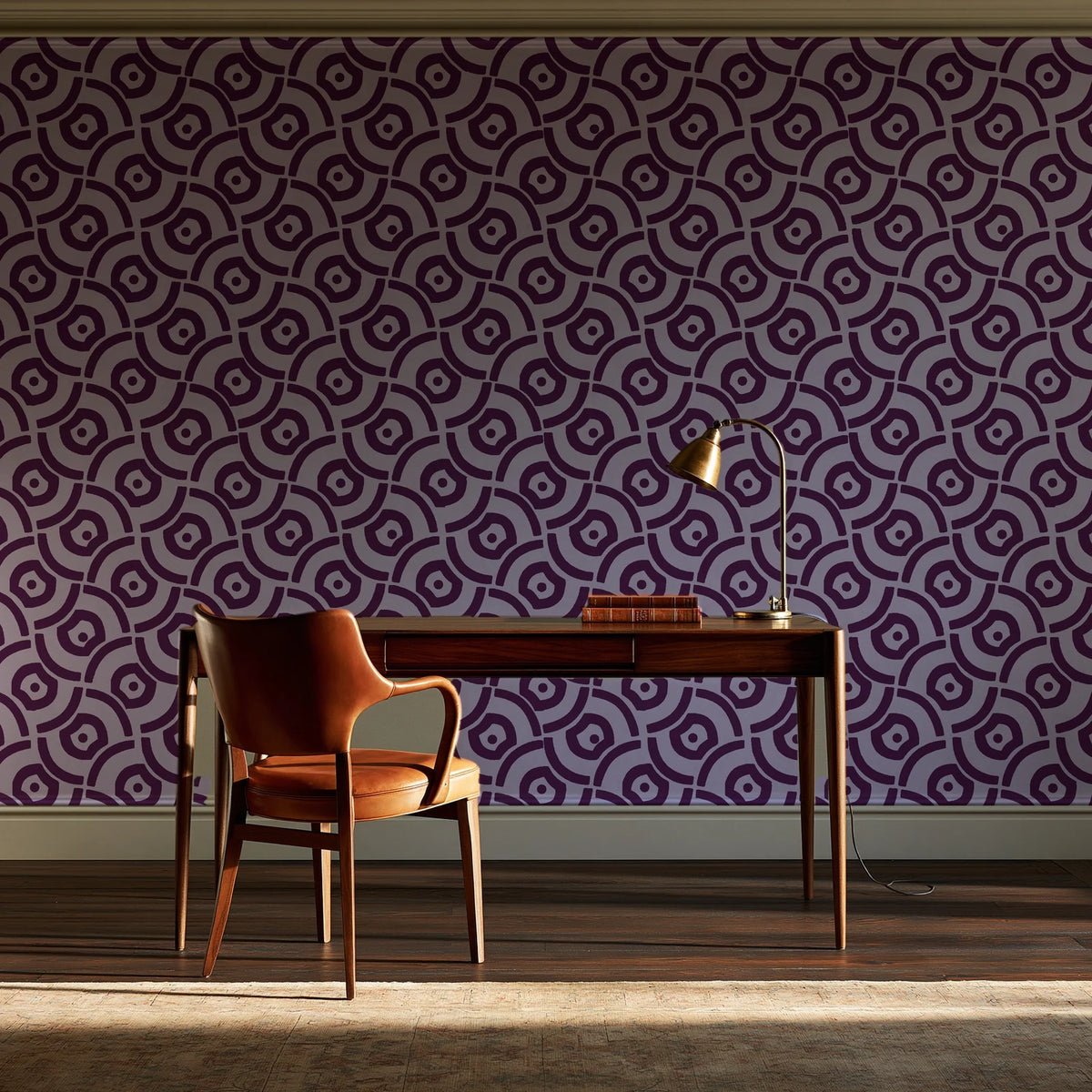 Indigo Labyrinth Plum geometric wallpaper as a feature wall in a home study