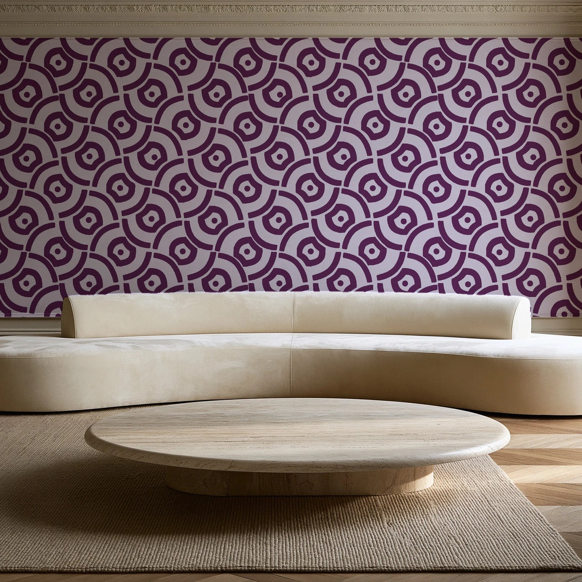 Indigo Labyrinth Plum geometric wallpaper in an elegant living room