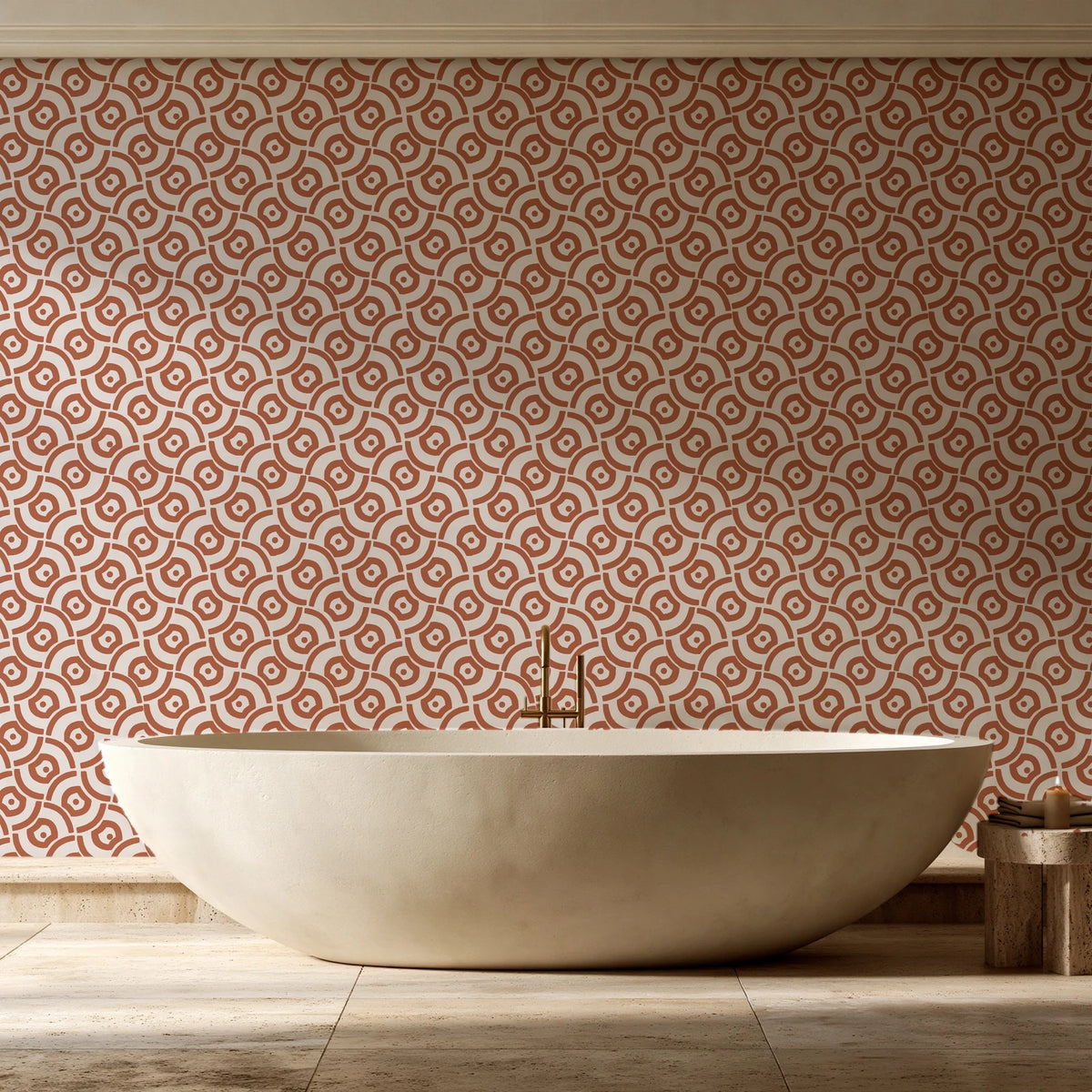 Indigo Labyrinth Terracotta geometric wallpaper creating ambiance in a serene spa bathroom