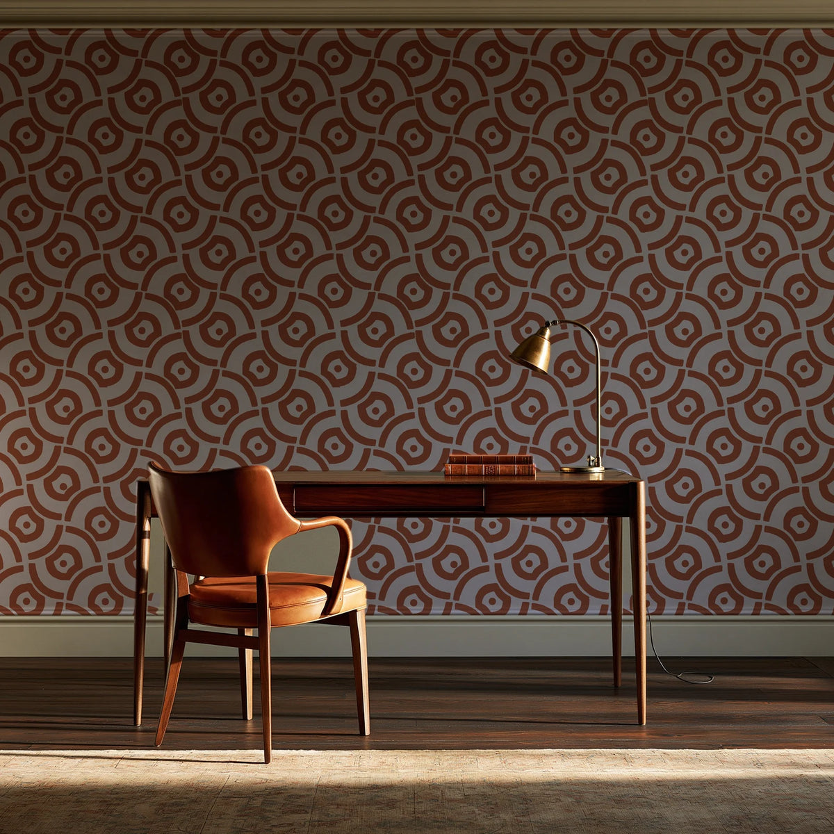 Indigo Labyrinth Terracotta geometric wallpaper as a feature wall in a home study
