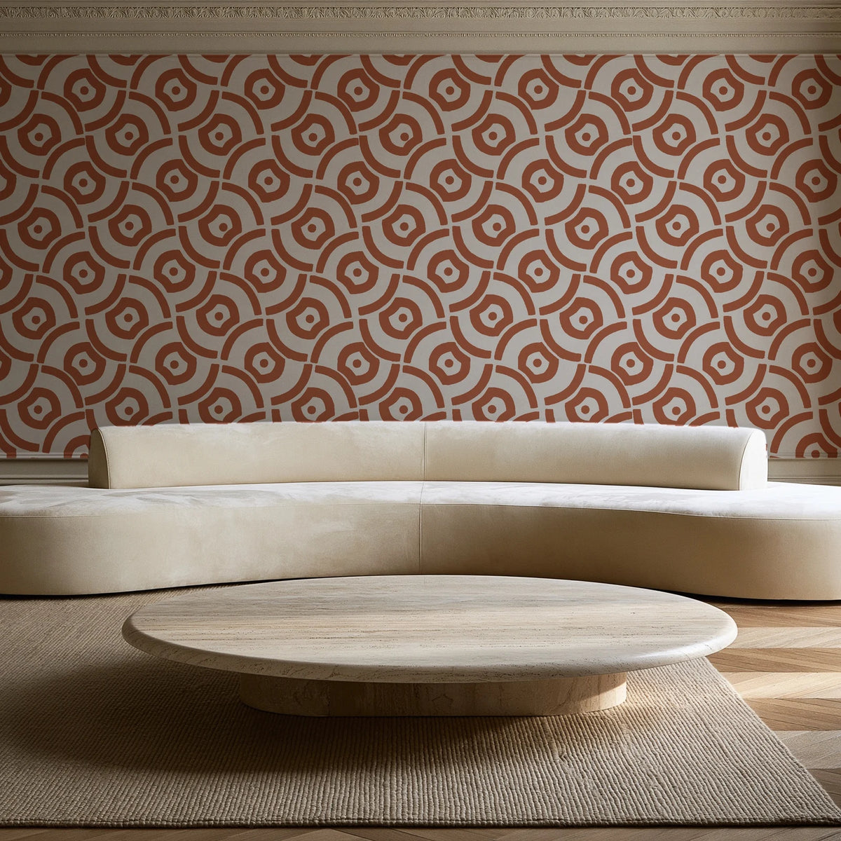 Indigo Labyrinth Terracotta geometric wallpaper in an elegant living room