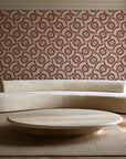 Indigo Labyrinth Terracotta geometric wallpaper in an elegant living room