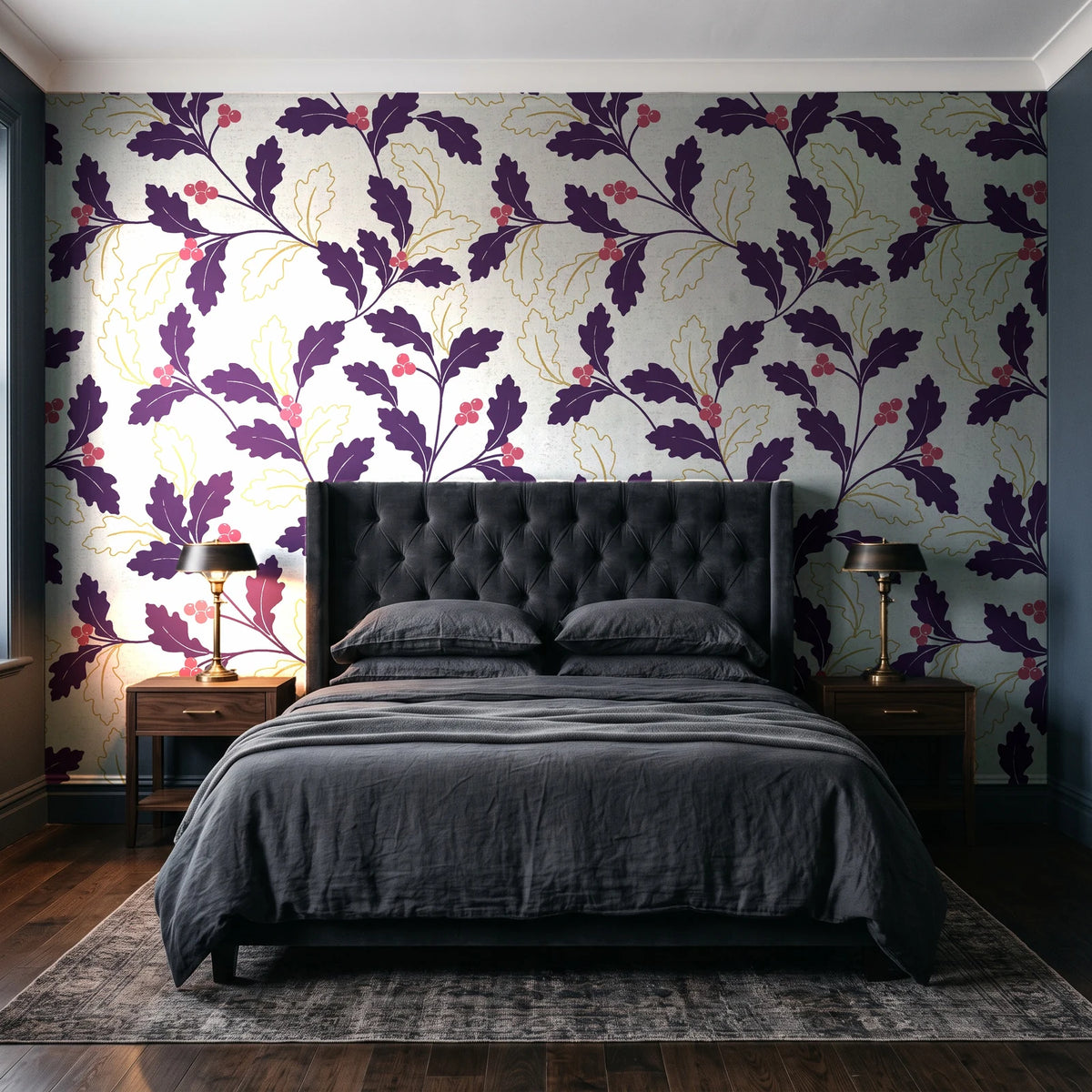 Ink & Oak Aubergine oak leaf and berry wallpaper behind a tufted headboard in a dark, moody bedroom