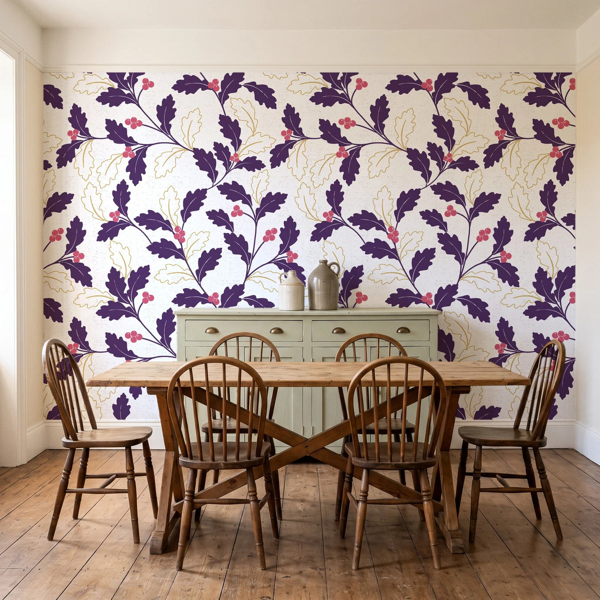 Ink & Oak Aubergine oak leaf and berry wallpaper in a farmhouse dining room with a sage sideboard and rustic trestle table