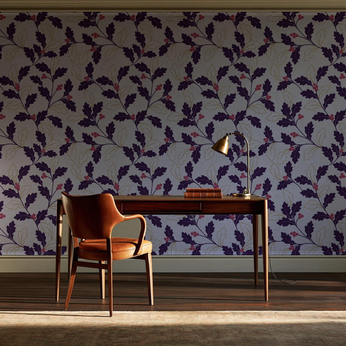 Ink & Oak Aubergine oak leaf and berry wallpaper as a feature wall in a home study