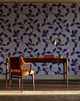 Ink & Oak Aubergine oak leaf and berry wallpaper as a feature wall in a home study