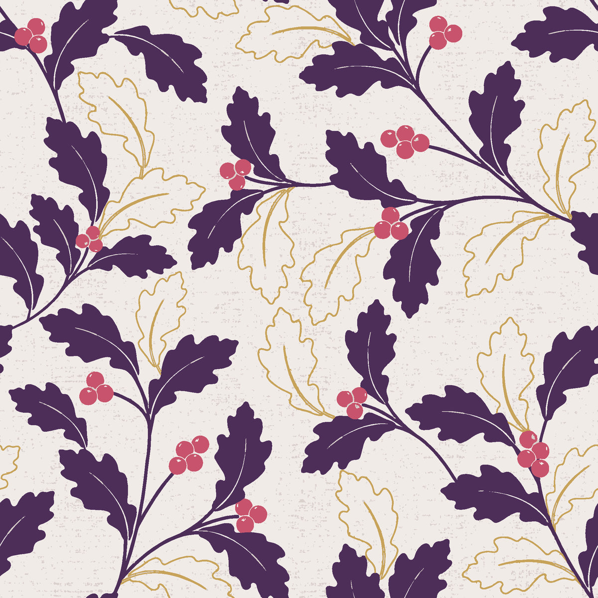 Ink & Oak Aubergine oak leaf and berry wallpaper in aubergine and rose
