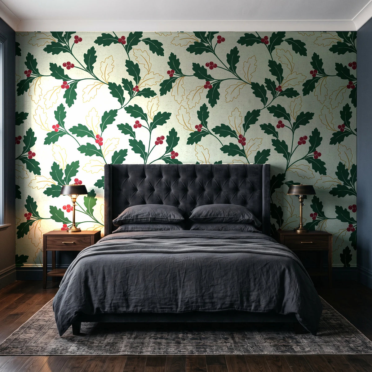 Ink & Oak Evergreen oak leaf and berry wallpaper behind a tufted headboard in a dark, moody bedroom
