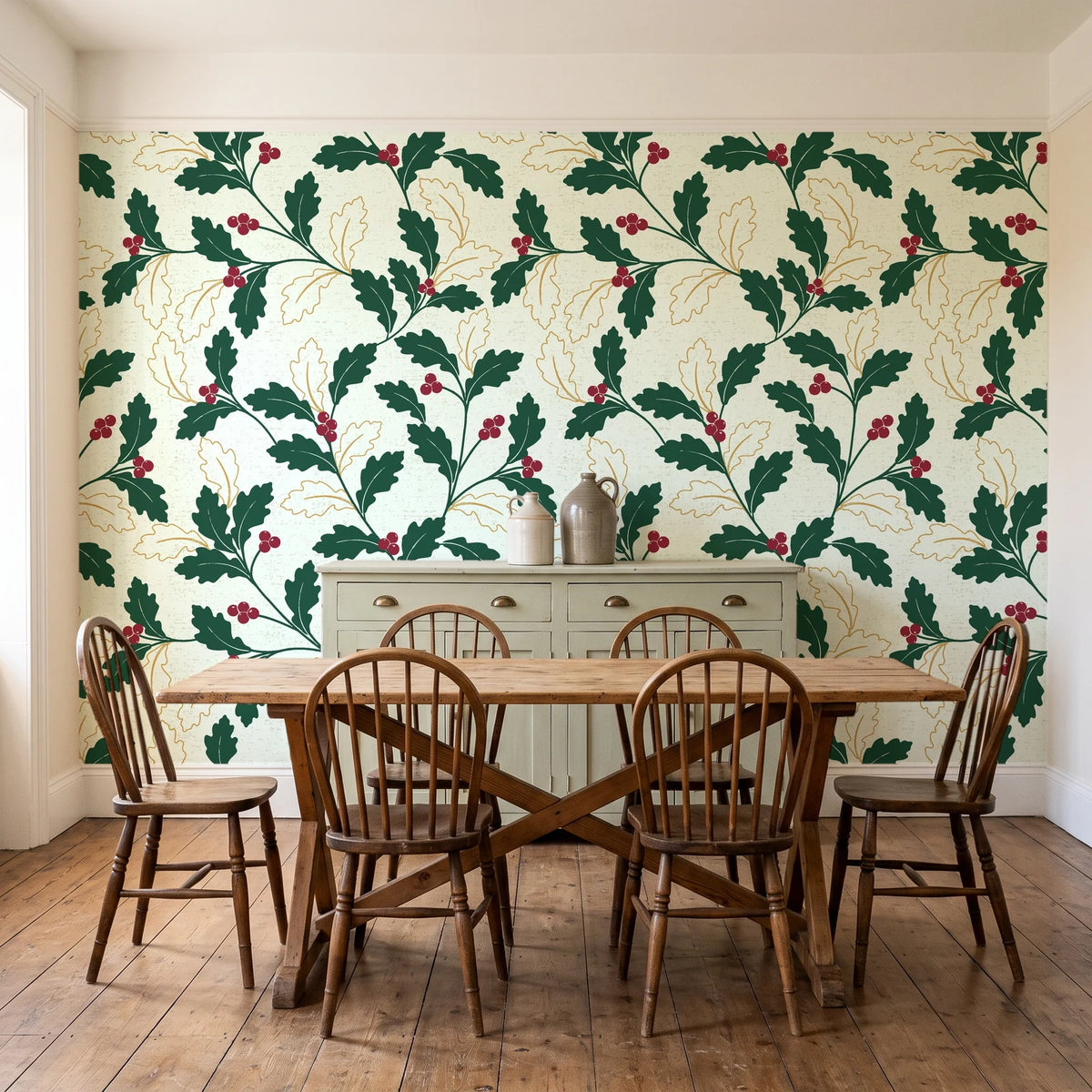Ink & Oak Evergreen oak leaf and berry wallpaper in a farmhouse dining room with a sage sideboard and rustic trestle table