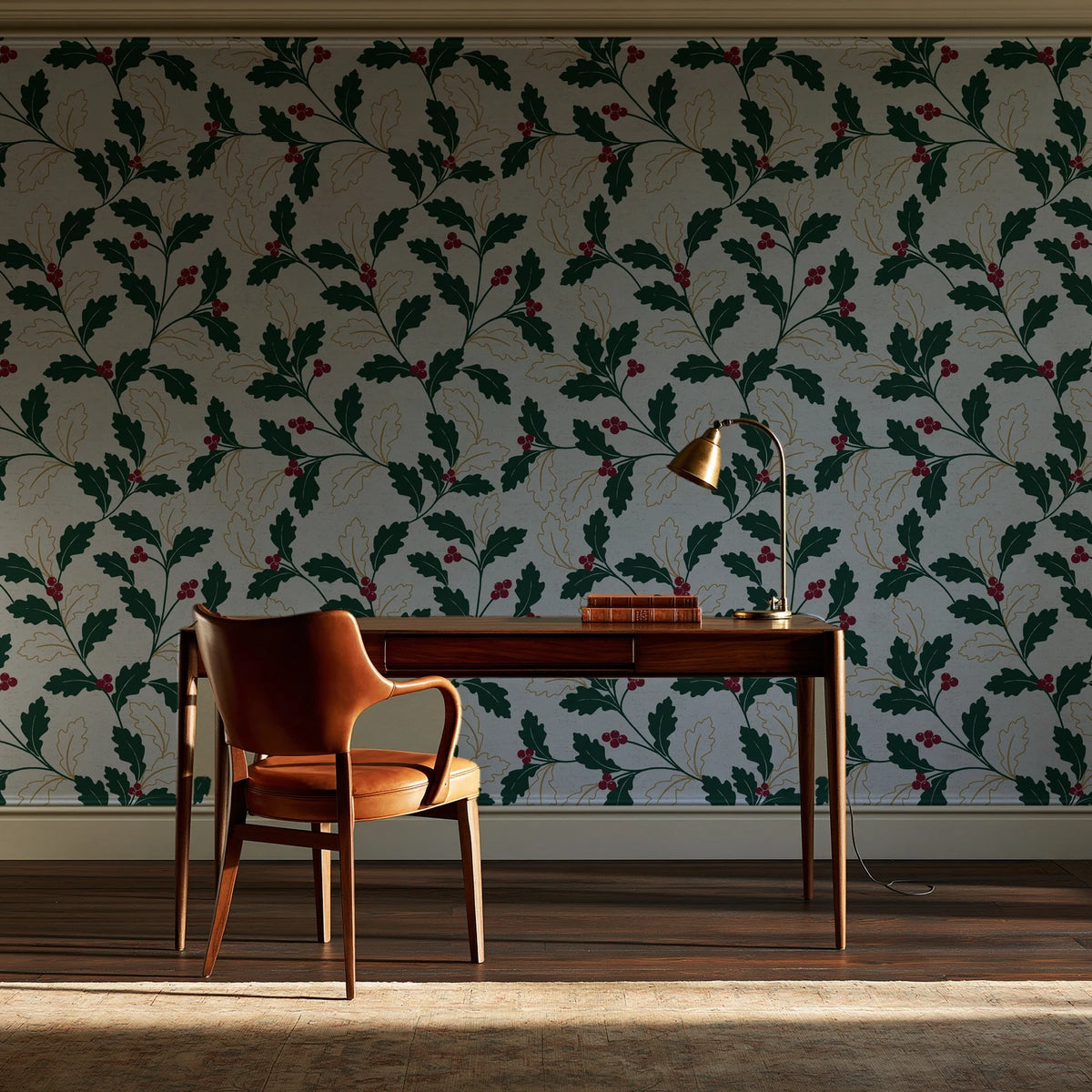 Ink & Oak Evergreen oak leaf and berry wallpaper as a feature wall in a home study
