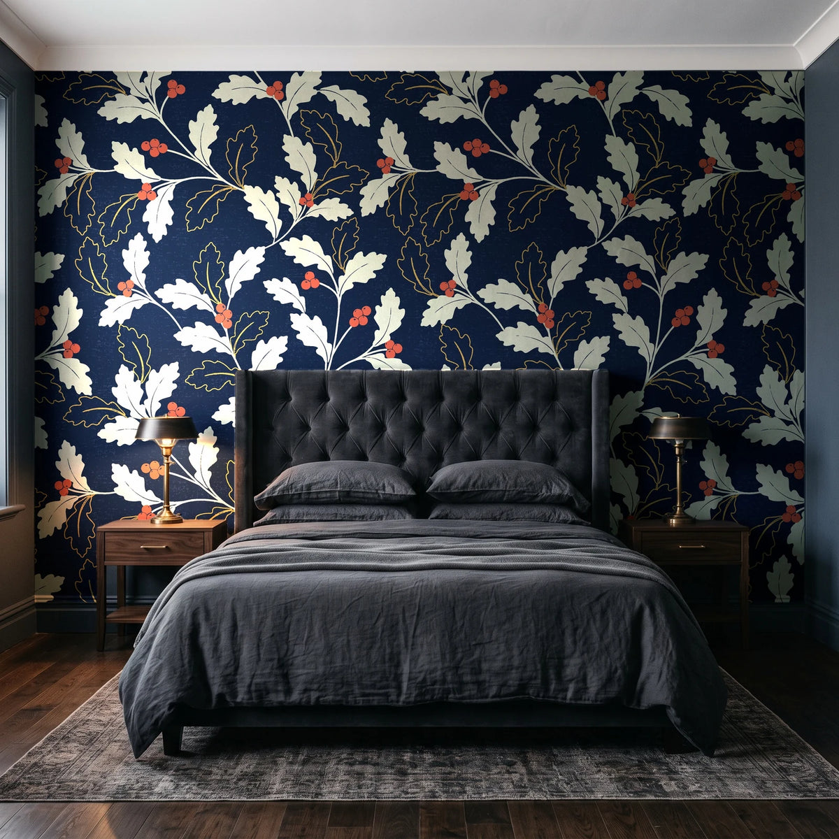 Ink & Oak Midnight oak leaf and berry wallpaper behind a tufted headboard in a dark, moody bedroom
