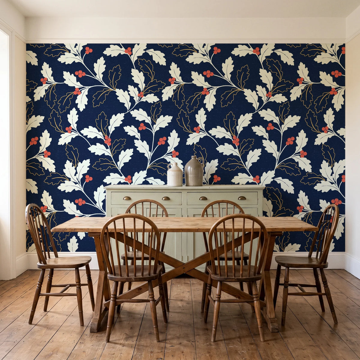Ink & Oak Midnight oak leaf and berry wallpaper in a farmhouse dining room with a sage sideboard and rustic trestle table
