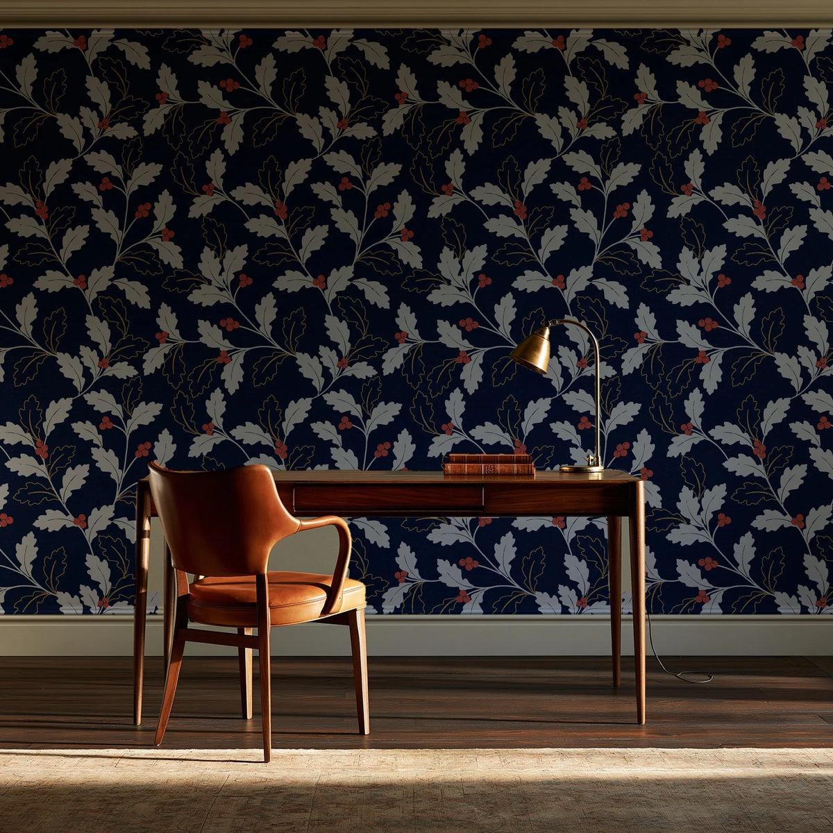 Ink & Oak Midnight oak leaf and berry wallpaper as a feature wall in a home study
