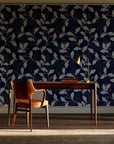 Ink & Oak Midnight oak leaf and berry wallpaper as a feature wall in a home study