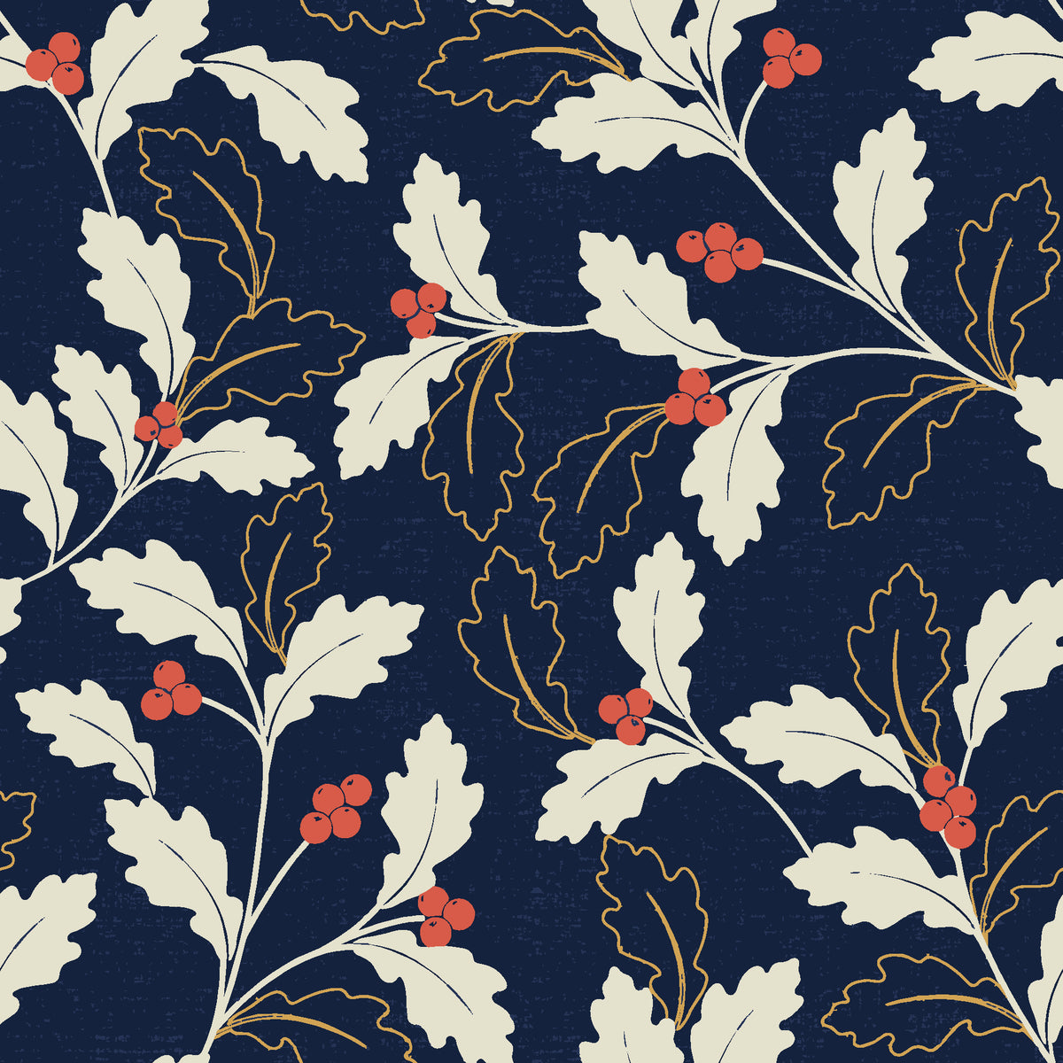 Ink & Oak Midnight oak leaf and berry wallpaper in midnight and ivory