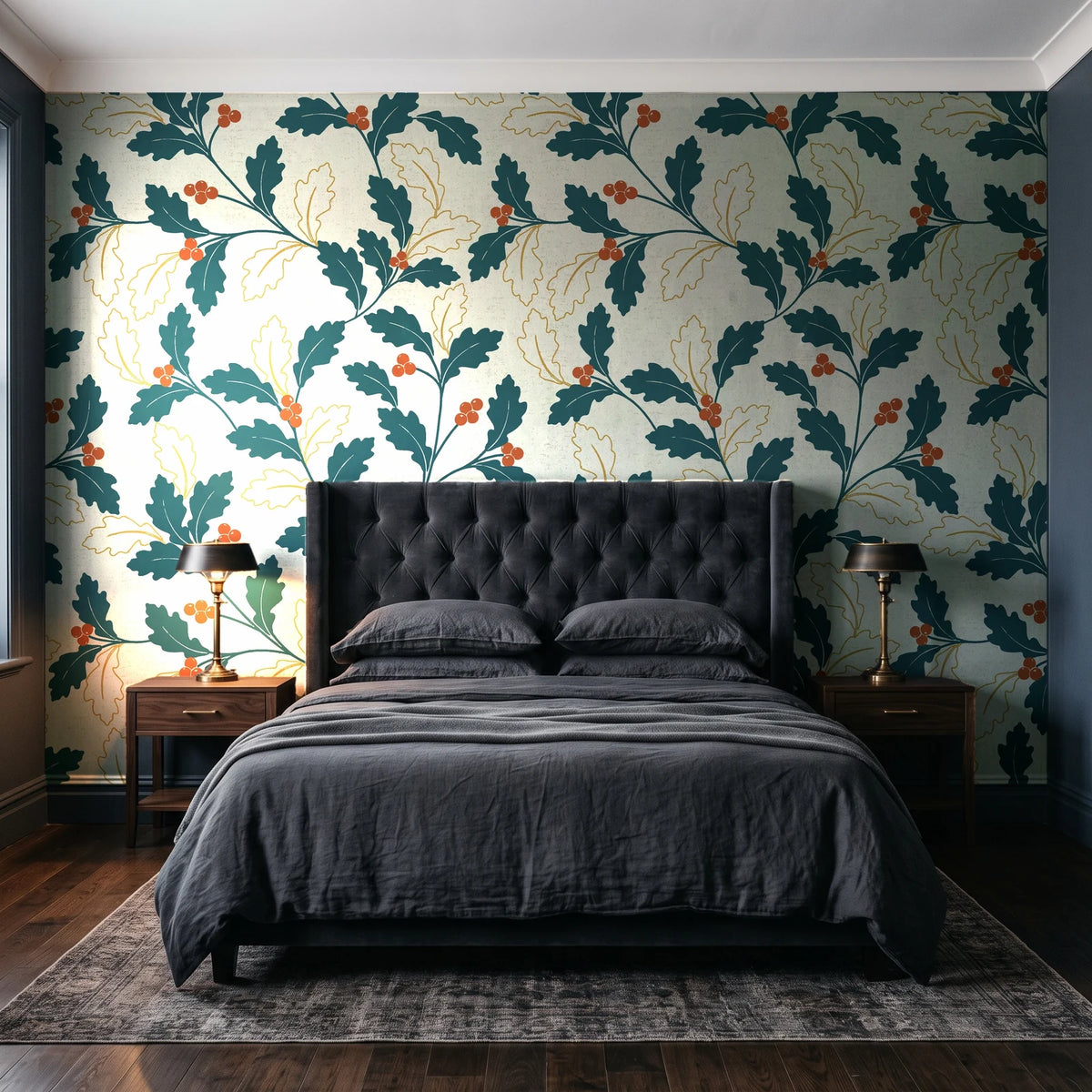 Ink & Oak Teal oak leaf and berry wallpaper behind a tufted headboard in a dark, moody bedroom