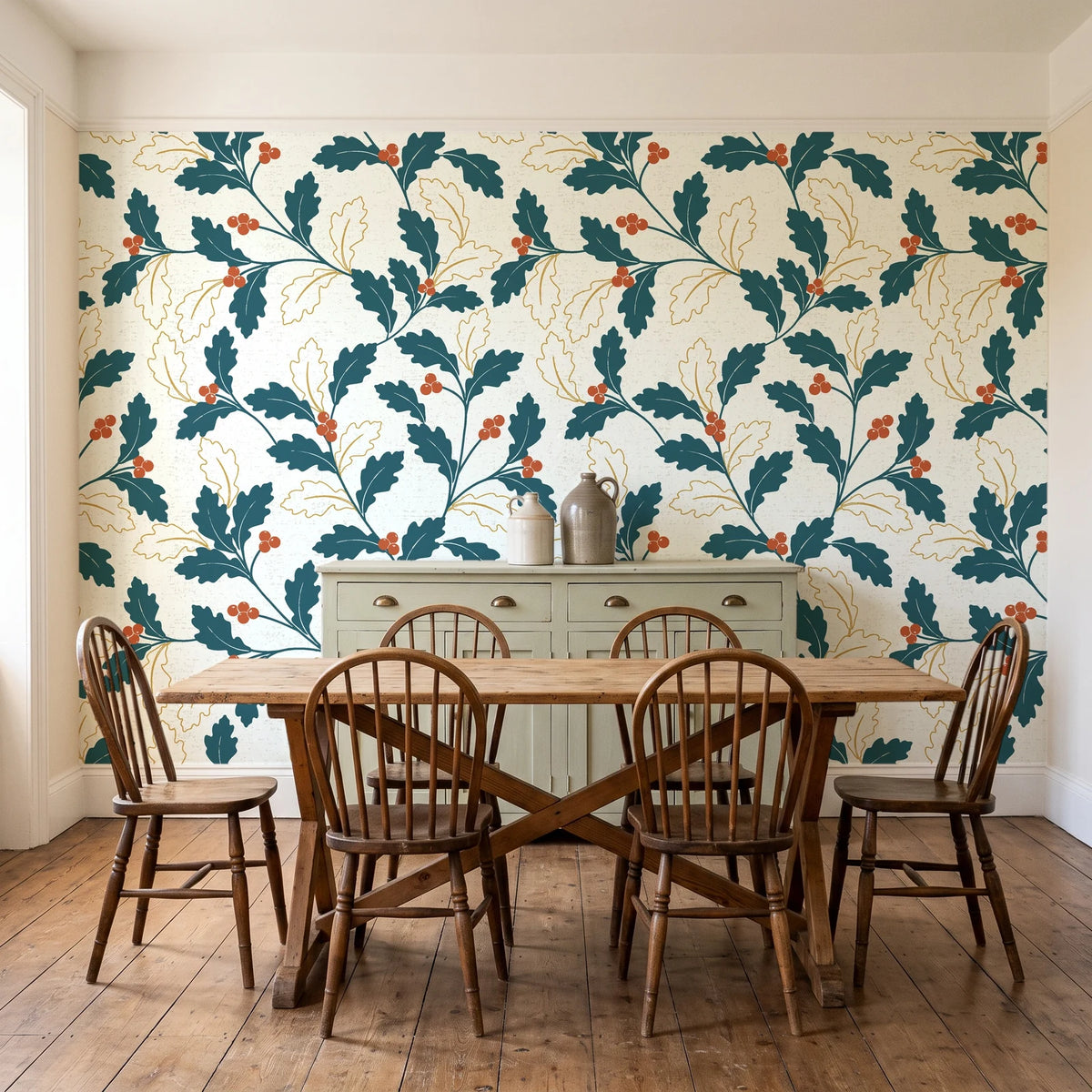 Ink & Oak Teal oak leaf and berry wallpaper in a farmhouse dining room with a sage sideboard and rustic trestle table