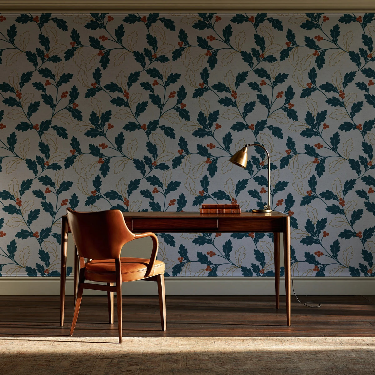 Ink & Oak Teal oak leaf and berry wallpaper as a feature wall in a home study