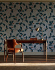 Ink & Oak Teal oak leaf and berry wallpaper as a feature wall in a home study