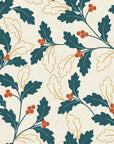 Ink & Oak Teal oak leaf and berry wallpaper in teal and terracotta