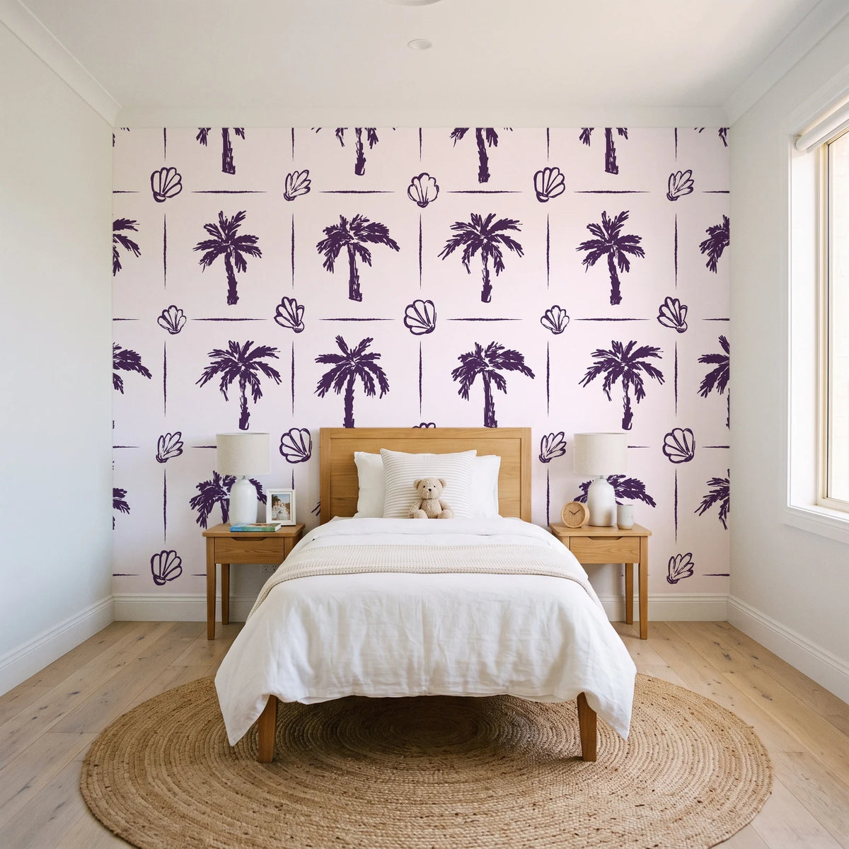 Ink & Shell Aubergine coastal palm and shell wallpaper in a bright, cheerful child's bedroom
