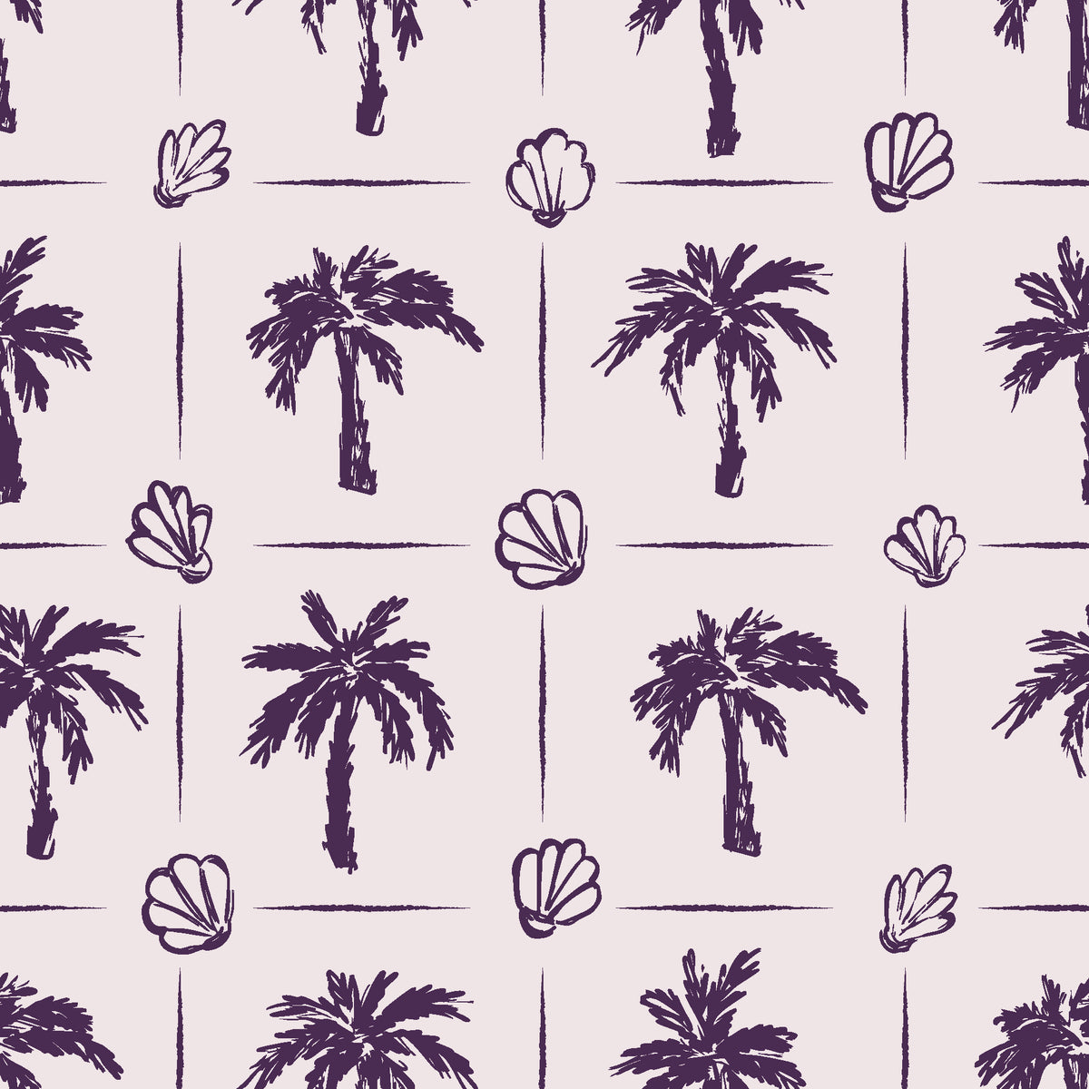 Ink & Shell Aubergine coastal palm and shell wallpaper in aubergine and blush