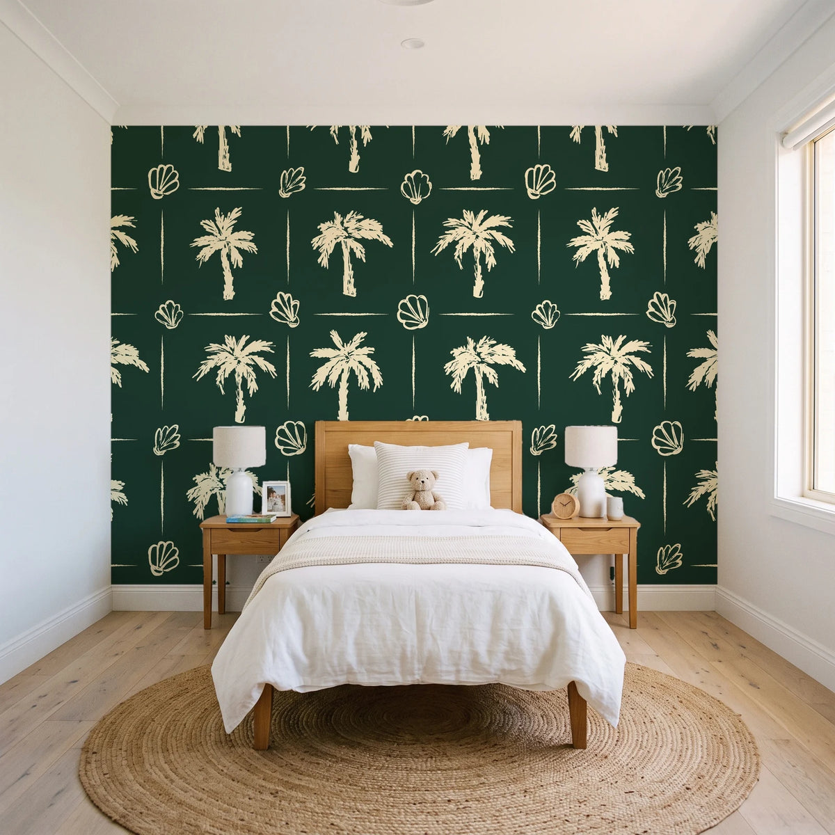 Ink & Shell Forest coastal palm and shell wallpaper in a bright, cheerful child's bedroom