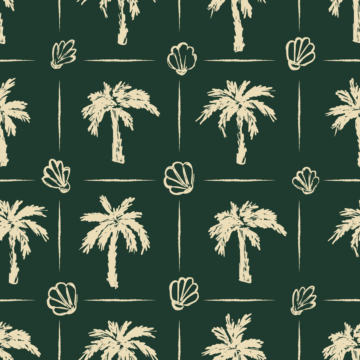 Ink & Shell Forest coastal palm and shell wallpaper in forest green and champagne