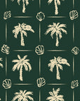 Ink & Shell Forest coastal palm and shell wallpaper in forest green and champagne