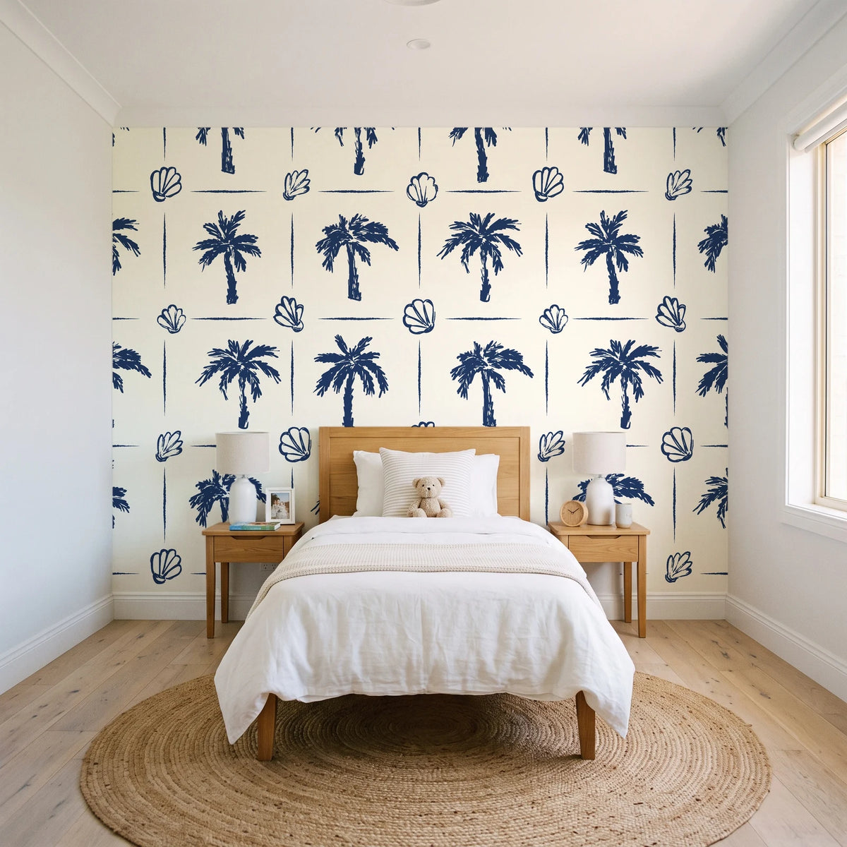 Ink & Shell Navy coastal palm and shell wallpaper in a bright, cheerful child's bedroom