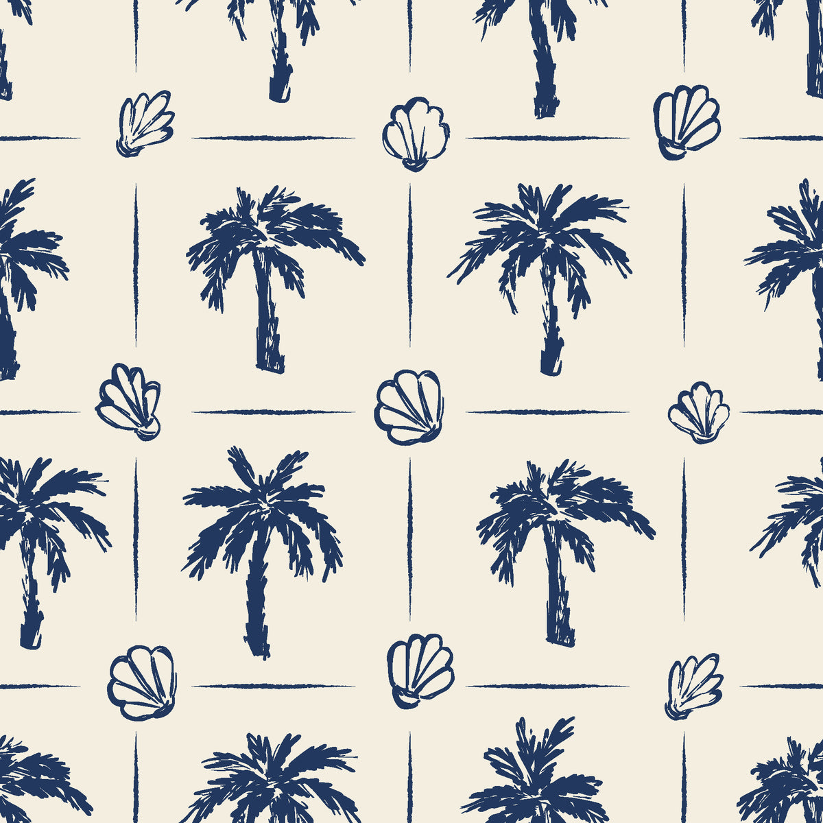 Ink & Shell Navy coastal palm and shell wallpaper in navy and ivory