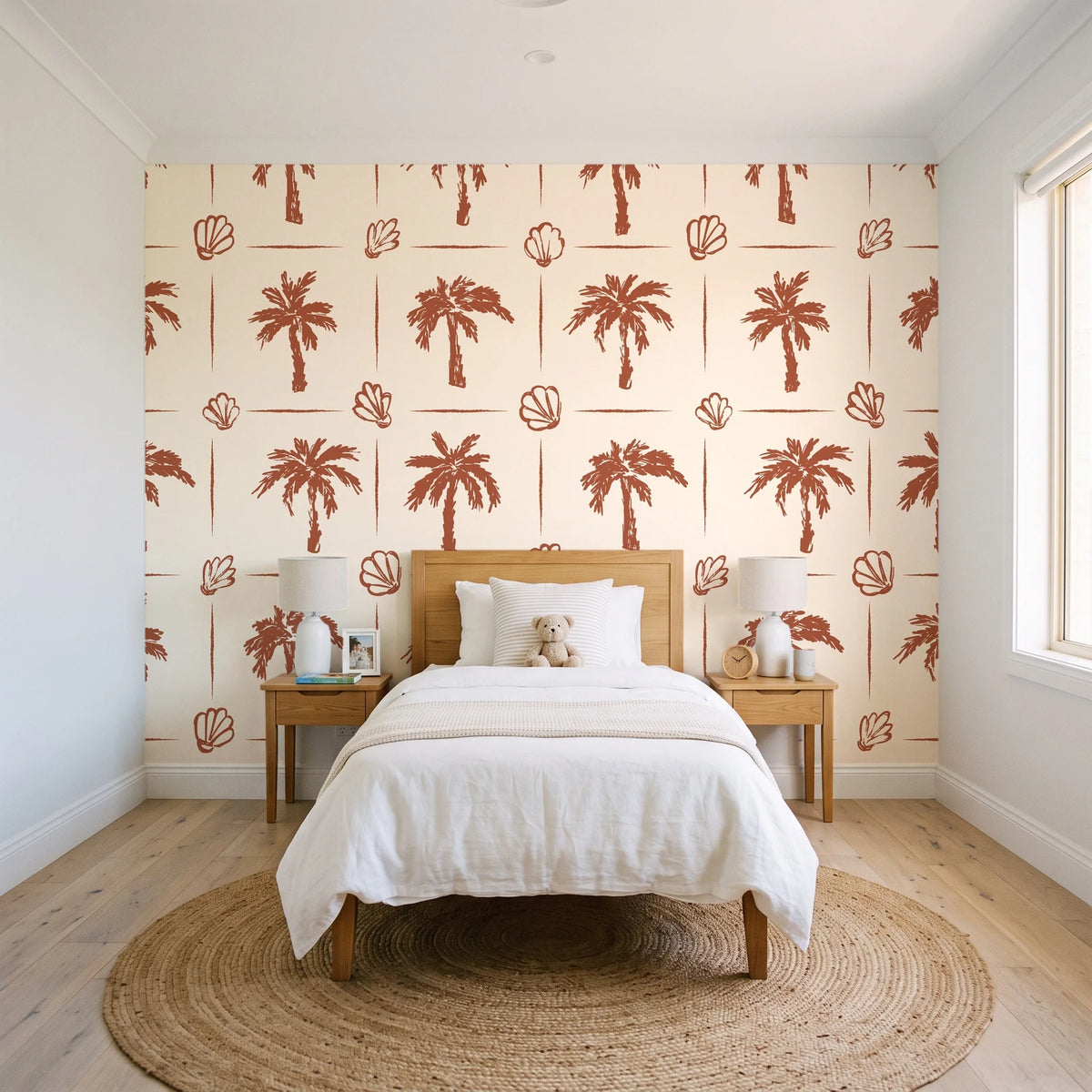 Ink & Shell Terracotta coastal palm and shell wallpaper in a bright, cheerful child's bedroom