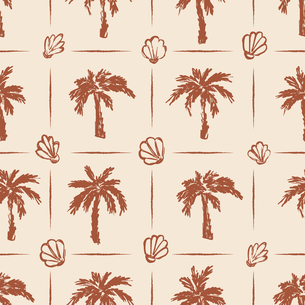 Ink & Shell Terracotta coastal palm and shell wallpaper in terracotta and sand