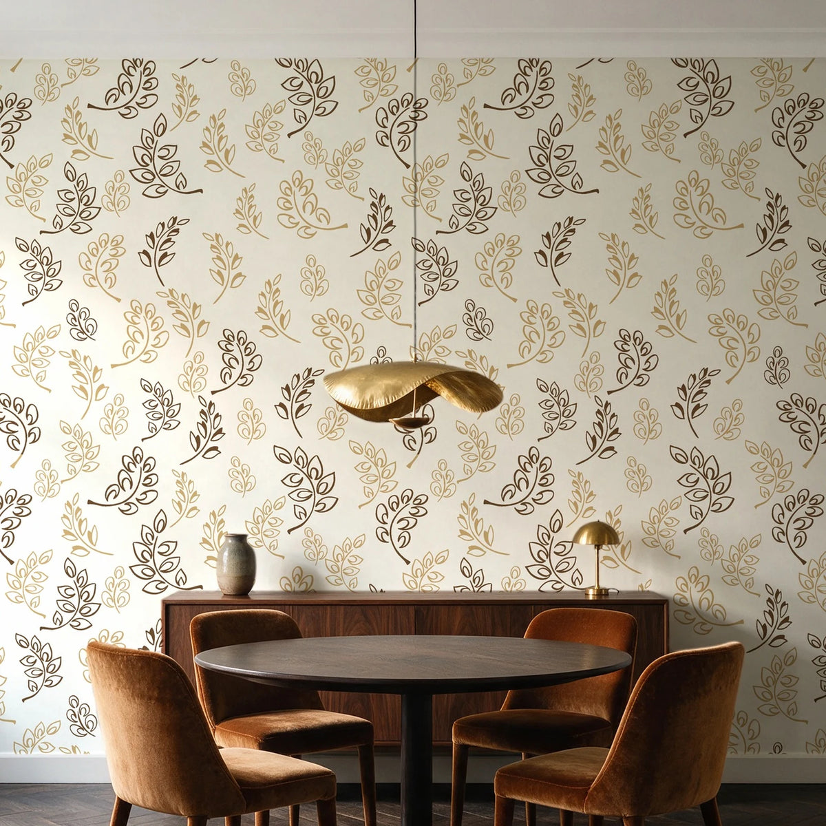 Ink & Sprig Bronze botanical sprig wallpaper behind a walnut credenza and round table in an elegant dining room