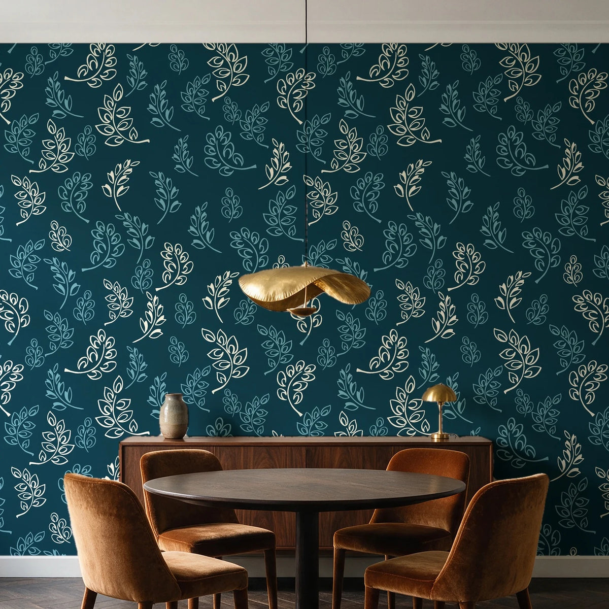 Ink & Sprig Peacock botanical sprig wallpaper behind a walnut credenza and round table in an elegant dining room