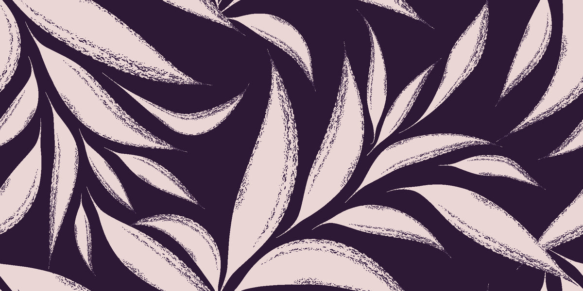 Ink Thicket Aubergine bold leaf wallpaper in aubergine and blush