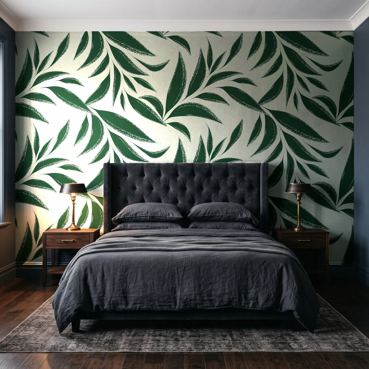 Ink Thicket Forest bold leaf wallpaper behind a tufted headboard in a dark, moody bedroom