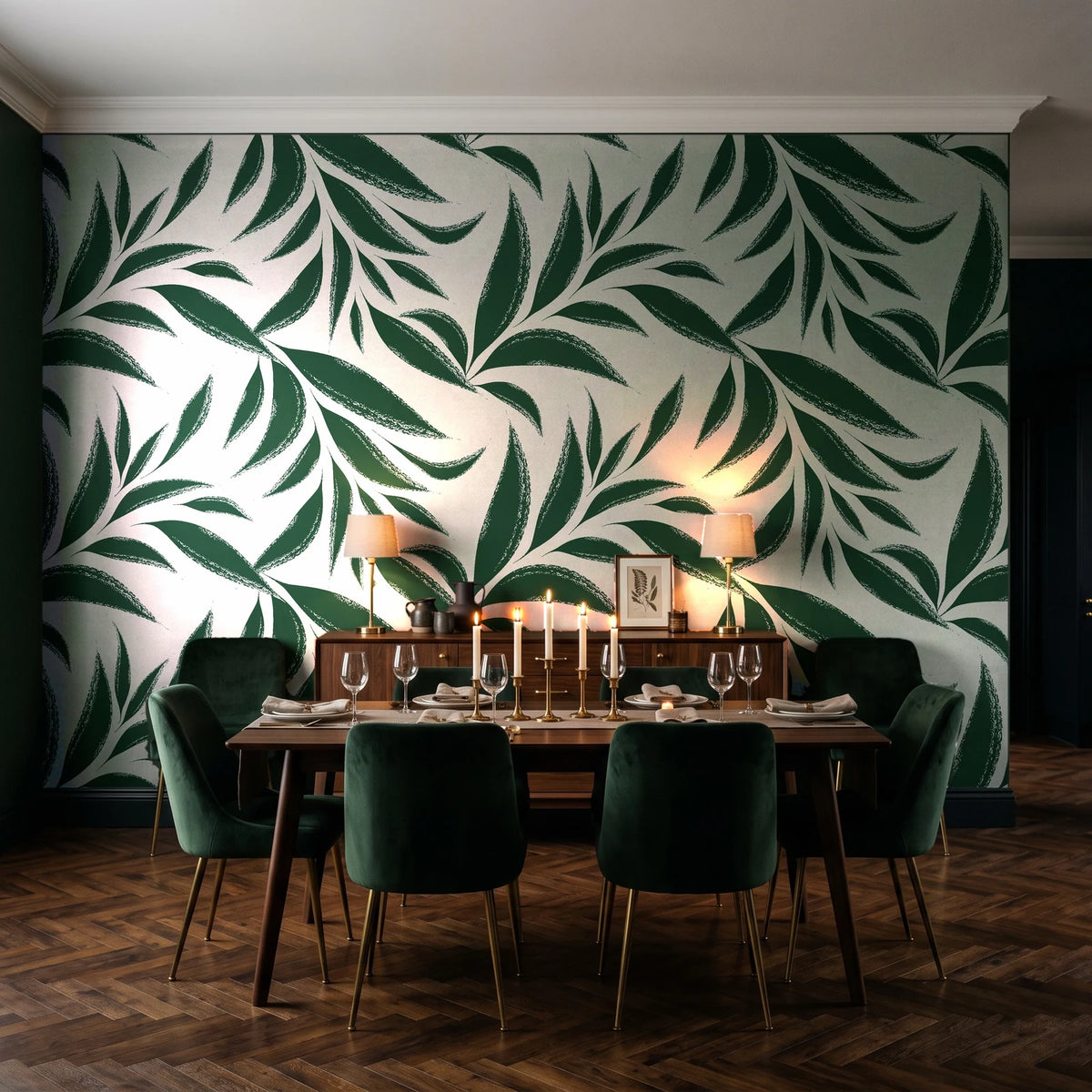 Ink Thicket Forest bold leaf wallpaper in a dark moody dining room with a candlelit table