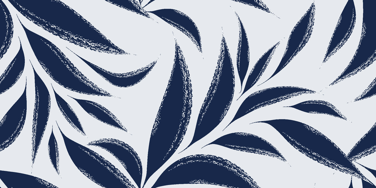 Ink Thicket Midnight bold leaf wallpaper in midnight and mist